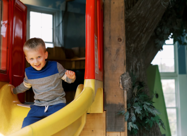 boy going down slide from treehouse