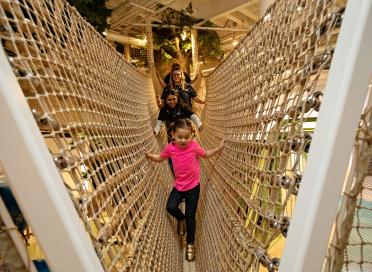 Child in pink shirt climbs rope bridge